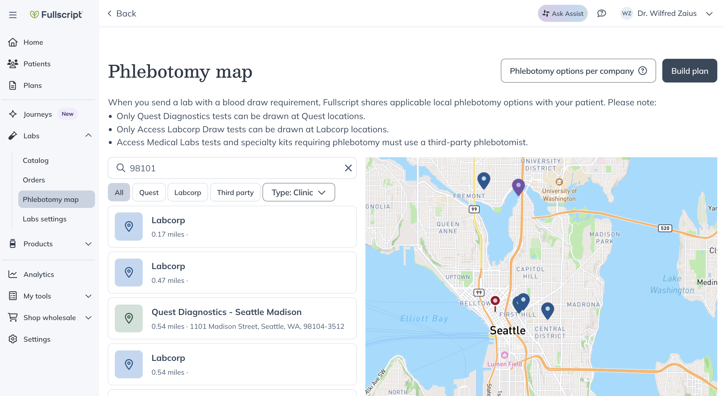 Phlebotomy map showing nearby blood draw locations in Seattle based on a zip code search.